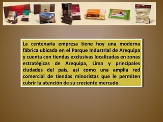 La centenaria empresa tiene hoy una moderna
fábrica ubicada en el Parque Industrial de Arequipa
y cuenta con tiendas exclusivas localizadas en zonas
estratégicas de Arequipa, Lima y principales
ciudades del país, así como una amplia red
comercial de tiendas minoristas que le permiten
cubrir la atención de su creciente mercado.
La centenaria empresa tiene hoy una moderna
fábrica ubicada en el Parque Industrial de Arequipa
y cuenta con tiendas exclusivas localizadas en zonas
estratégicas de Arequipa, Lima y principales
ciudades del país, así como una amplia red
comercial de tiendas minoristas que le permiten
cubrir la atención de su creciente mercado.
 