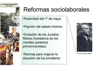 Reformas sociolaborales Festividad del 1º de mayo Fijación del salario mínimo. Creación de los Jurados Mixtos (herederos de los comités paritarios primorriveristas) Normas para mejorar la situación de los jornaleros 