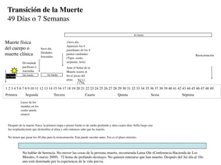 Transición de la Muerte
 49 Días o 7 Semanas

                                                                                                       4o bardo

Muerte física                                     14avo día
                                                  Aparecen los 4
del cuerpo o                8avo día              guardianes de los 4
                            Deidades
muerte clínica              Iracundas
                                                  puntos cardinales                                                                    Reencarnación
                                                  (Tigre, cerdo,
             Divinidade                           serpiente, león)
             pacíﬁcass e                          Ante el Señor de la
             iracundas                            Muerte ocurre al
             2do bardo          3er bardo         ﬁn el juicio del
1er bardo
                                                  alma

1 2 3 4 5 6 7 8 9 10 11 12 13 14 15 16 17 18 19 20 21 22 23 24 25 26 27 28 29 30 31 32 33 34 35 36 37 38 39 40 41 42 43 44 45 46 47 48 49
Primera        Segunda                  Tercera                 Cuarta                    Quinta                     Sexta   Séptima

            Luces de los
            mundos en los
            cuales puede
            renacer


 Después de la muerte física, la primera etapa o primer bardo es de sueño profundo y dura cuatro días; brilla luego una
 luz resplandeciente que deslumbra al alma y sólo entonces sabe que ha muerto.

 No tienen que pasar los 49 días para la reencarnación. Esta puede suceder antes. Ese es el plazo máximo.




             No hablar de herencia. No mover las cosas de la persona muerta, recomienda Lama Ole (Conferencia Hacienda de Los
             Morales, 6 marzo 2009). 72 horas de profundo desmayo. No quieren enterarse que han muerto. Después del 3er día al 10o
             uno está dominado por la experiencia de la vida previa.
 