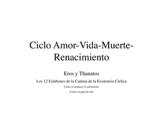 Ciclo Amor-Vida-Muerte-
      Renacimiento
                 Eros y Thanatos
 Los 12 Eslabones de la Cadena de la Existencia Cíclica
                 Cómo se produce el sufrimiento
                     Cómo escapar de ella
 