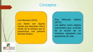 Conceptos
Luis Mercado (2016)
Los títeres son figuras
inertes que adquieren vida a
través de la energía que le
proporciona una persona
llamada titiritero.
Ana Márquez Ibáñez
(2013)
Los define como objetos
inanimados que, a través
de la acción de un
individuo, adquieren una
apariencia de vida.
 