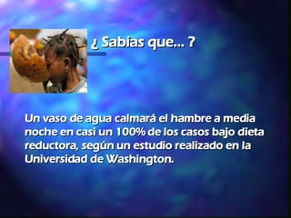 ¿ Sabías que... ? Un vaso de agua calmará el hambre a media noche en casi un 100% de los casos bajo dieta reductora, según un estudio realizado en la Universidad de Washington. 