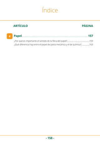 - 158 -
ARTÍCULO	 PÁGINA
Índice
¿Por qué es importante el sentido de la fibra del papel?	 159
¿Qué diferencia hay entre el papel de pasta mecánica y el de química?	 163
4 Papel	157
 