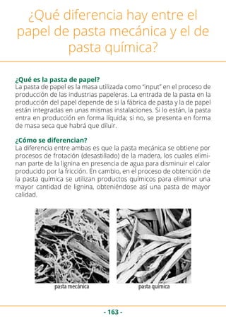 - 163 -
¿Qué diferencia hay entre el
papel de pasta mecánica y el de
pasta química?
¿Qué es la pasta de papel?
La pasta de papel es la masa utilizada como “input” en el proceso de
producción de las industrias papeleras. La entrada de la pasta en la
producción del papel depende de si la fábrica de pasta y la de papel
están integradas en unas mismas instalaciones. Si lo están, la pasta
entra en producción en forma líquida; si no, se presenta en forma
de masa seca que habrá que diluir.
¿Cómo se diferencian?
La diferencia entre ambas es que la pasta mecánica se obtiene por
procesos de frotación (desastillado) de la madera, los cuales elimi-
nan parte de la lignina en presencia de agua para disminuir el calor
producido por la fricción. En cambio, en el proceso de obtención de
la pasta química se utilizan productos químicos para eliminar una
mayor cantidad de lignina, obteniéndose así una pasta de mayor
calidad.
 