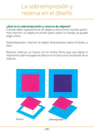 - 17 -
La sobreimpresión y
reserva en el diseño
¿Qué es la sobreimpresión y reserva de objetos?
Cuando debe superponerse un objeto a otro (como cuando quere-
mos imprimir un objeto en primer plano sobre un fondo), se puede
elegir entre:
Sobreimpresión: imprimir el objeto directamente sobre el fondo, o
bien,
Reserva: reservar un hueco con la misma forma que ese objeto e
imprimirlo sobre el papel en blanco en el área vacía resultante de la
reserva.
 