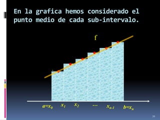 39
En la grafica hemos considerado el
punto medio de cada sub-intervalo.
x1 x2 … xn-1 b=xn
a=x0
f
 