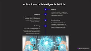 Aplicaciones de la Inteligencia Artificial
1 Medicina
IA puede ser utilizada en diagnósticos
médicos, análisis de datos, el diseño de
medicamentos, entre otros.
2
Transporte
La IA puede mejorar la seguridad en el
transporte, reducir la congestión del
tráfico y mejorar la eficiencia en el
servicio de logística.
3 Entretenimiento
La IA se utiliza en la creación de
videojuegos, la personalización de
contenidos de entretenimiento y para
mejorar la experiencia del usuario.
4
Marketing
La IA se usa en la personalización de
anuncios para el usuario, el análisis y la
interpretación de datos de mercado y
para la segmentación de clientes.
 