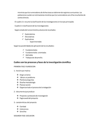 mientrasque losnumeradoresde dichastasasse obtienende registrosoencuestas.Las
poblacionessuelenserestimacionesmientrasque losnumeradoressoncifrasresultantesde
conteodirecto.
El cuadro 2.1 resume laclasificaciónde lasinvestigacionesenlosejesprincipales
Cuadro2.1 clasificacionde lasinvestigaciones
Segúnestadodel conocimientoyalcance de resultados:
 Exploratorias
 Descriptivas
 Explicativas
- Experimentales
Segúnlasposibilidadesde aplicaciónde losresultados:
 Fundamentales
 Fundamentales- orientadas
 Aplicadas
 Trabajosde desarrollo.
Cuáles son los procesos y fases de la investigacióncientífica
PRIMERA FASE:PLANEACION
1.- Acciónque implica
 Elegiruntema
 Ubicar un problema
 Plantearpreguntas
 Diseñarmetodología
 Planearacción
 Organizartodo el procesode laindagación
2.- documentoque produce
 Proyectoo protocolode investigación
 Paginawebdel proyecto
3.- características del proyecto
 Claridad
 Coherencia
 Sencillez
SEGUNDA FASE:EJECUCION
 