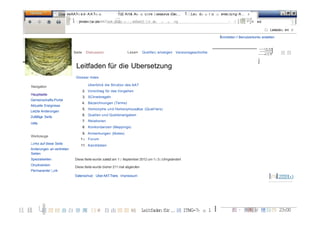 deAAT叫 e d - A A T吶

蚓

、 融 Art& A咐
i

他

c1Ure 1hesaurus (Get...

三
> 1 t jlinden1ha l.de/AAT/wik i/ 倒 向 / L eitfad朋_fìJr _di
"(
ind

帥

的

船

1:::;Le伯

d研

制

r

珈 山

ng

erse1Zu n g - A . . . x
令

v | 膚可h

主l

ed

自 Leseze仙 en σ
A
I nmelden I Benutzerkonto erstellen

Seite

Diskussion

Lesen

三 J
莖

Quelltex:anzeigen Versionsgeschichte

旦旦

j

Leitfaden für die Ubersetzung
Glossar Index
Uberblick die Struktur des AAT

Navigation

2. Vorschlag für das Vorgehen

Hauptseite
Gemeinschafts-Portal
Aktuelle Ereignisse
Letzte Anderungen
Zufällige Seite

3. SChreibregeln
4. Bezeichnungen (Terms)
5. Homonyme und Homonymzusätze (Quali'iers)
6. Quellen und Quellenangaben
7. Relationen

Hilfe

8. Konkordanzen (Mappings)
Werkzeuge

Links auf diese Seite

9. Anmerkungen (Notes)
1日 Forum
11. Kandidaten

Anderungen an verlinkten
Seiten

Spezialseiten
Oruckversion

Diese 8eite wurde zuletzt am 1日 8eptember 2012 um 1日3日Uhrgeändert
Diese 8eite wurde bisher 211.mal abgerufen

Permanenter Link

l戶ilz z ω
za

Datenschulz Uber AAT.Trans Impressum

旦 旦
l

U 固扭曲白發團
回

臼@ 自由固固 岫

Leìtfaden f r... 國 ITWG-7
ü
十

泊

1

I

戲， 團 且 擅自四 23:00
團 @

 