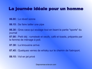 La journée idéale pour un  homme 06.00 :   Le réveil sonne   06.15 :   Se faire tailler une pipe   06.30 :   Gros caca qui soulage tout en lisant la partie "sports" du journal   07.00 :   Petit déj : rumsteak et oeufs, café et toasts, préparés par la femme de ménage à poil.   07.30 :   La limousine arrive   07.45 :   Quelques verres de whisky sur le chemin de l'aéroport.   09.15 :   Vol en jet privé   