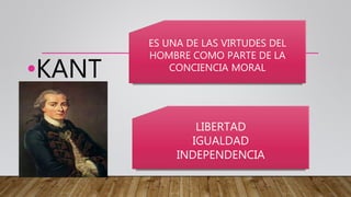 •KANT
ES UNA DE LAS VIRTUDES DEL
HOMBRE COMO PARTE DE LA
CONCIENCIA MORAL
LIBERTAD
IGUALDAD
INDEPENDENCIA
 