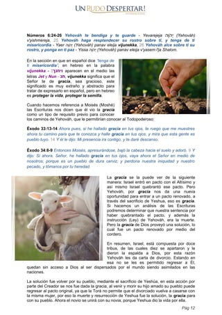 Números 6:24-26 Yehováh te bendiga y te guarde - Yevarejeja ‫ָה‬‫ו‬ֹ‫ְה‬‫י‬ (Yehováh)
v'yishmereja, 25 Yehováh haga resplandecer su rostro sobre ti, y tenga de ti
misericordia - Yaer ‫ָה‬‫ו‬ֹ‫ְה‬‫י‬ (Yehováh) panav eleija vijunekka, 26 Yehováh alce sobre ti su
rostro, y ponga en ti paz - Yissa ‫ָה‬‫ו‬ֹ‫ְה‬‫י‬ (Yehováh) panav eleija v'yasem l'ja Shalom.
En la sección en que en español dice “tenga de
ti misericordia”, en hebreo en la palabra
vijunekka - ‫ויחנך׃‬ aparecen en el medio las
letras Jet y Nun - ‫חנ‬, vijunekka significa que el
Señor te de gracia, sea gracioso, este
significado es muy extraño y abstracto para
tratar de expresarlo en español, pero en hebreo
es proteger la vida, proteger la semilla.
Cuando hacemos referencia a Moisés (Moshé)
las Escrituras nos dicen que él vio la gracia
como un tipo de requisito previo para conocer
los caminos de Yehováh, que le permitirían conocer al Todopoderoso:
Éxodo 33:13-14 Ahora pues, si he hallado gracia en tus ojos, te ruego que me muestres
ahora tu camino para que te conozca y halle gracia en tus ojos, y mira que esta gente es
pueblo tuyo. 14 Y él le dijo: Mi presencia ira contigo, y te daré descanso.
Éxodo 34:8-9 Entonces Moisés, apresurándose, bajó la cabeza hacia el suelo y adoró. 9 Y
dijo: Si ahora, Señor, he hallado gracia en tus ojos, vaya ahora el Señor en medio de
nosotros; porque es un pueblo de dura cerviz; y perdona nuestra iniquidad y nuestro
pecado, y tómanos por tu heredad.
La gracia se la puede ver de la siguiente
manera: Israel entró en pacto con el Altísimo y
así mismo Israel quebrantó ese pacto. Pero
Yehováh, por gracia nos da una nueva
oportunidad para entrar a un pacto renovado, a
través del sacrificio de Yeshua, eso es gracia.
Si hacemos un análisis de las Escrituras
podremos determinar que nuestra sentencia por
haber quebrantado el pacto, y además la
instrucción (Ley) de Yehováh, era la muerte.
Pero la gracia de Dios proveyó una solución, lo
cual fue un pacto renovado por medio del
cordero.
En resumen, Israel, está compuesta por doce
tribus, de las cuales diez se apartaron y le
dieron la espalda a Dios, por esta razón
Yehováh les da carta de divorcio. Estando en
esa no se les es permitido regresar a Él,
quedan sin acceso a Dios al ser dispersados por el mundo siendo asimilados en las
naciones.
La solución fue volver por su pueblo, mediante el sacrificio de Yeshúa, en esta acción por
parte del Creador se nos fue dada la gracia, al venir y morir su hijo amado su pueblo puede
regresar al pacto original, ya que la Torá no permite que el divorciado vuelva a casarse con
la misma mujer, por eso la muerte y resurrección de Yeshua fue la solución, la gracia para
con su pueblo. Ahora el novio se unirá con su novia, porque Yeshua dio la vida por ella.
Pág 12
 