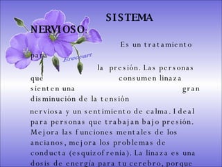 SISTEMA DIGESTIVO: Previene o cura el cáncer de colon. Ideal para gastritis, estreñimiento, acidez estomacal. Lubrica y regenera la flora intestinal. Expulsión de gases gástricos. Es un laxante por excelencia. Previene de divertículos en las paredes del intestino. Elimina toxinas y contaminantes. La linaza contiene en grandes cantidades de los dos tipos de fibras dietéticas soluble e insoluble. Contiene más fibra que ningún grano.  SISTEMA  NERVIOSO : Es un tratamiento para  la  presión. Las personas que      consumen linaza sienten una    gran disminución de la tensión  nerviosa y un sentimiento de calma. Ideal para personas que trabajan bajo presión. Mejora las funciones mentales de los ancianos, mejora los problemas de conducta (esquizofrenia). La linaza es una dosis de energía para tu cerebro, porque contiene los nutrientes que producen más neurotransmisores (reanimaciones naturales).  Ereceart 