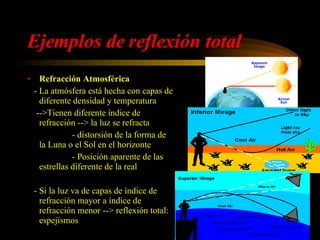 Ejemplos de reflexión total Refracción Atmosférica - La atmósfera está hecha con capas de diferente densidad y temperatura  -->Tienen diferente índice de refracción --> la luz se refracta - distorsión de la forma de la Luna o el Sol en el horizonte - Posición aparente de las estrellas diferente de la real - Si la luz va de capas de índice de refracción mayor a índice de refracción menor --> reflexión total:  espejismos 