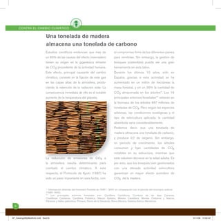 CONTRA E L CAM B IO CLI MÁTICO


                            Una tonelada de madera
                            almacena una tonelada de carbono
                           Estudios cientíﬁcos evidencian que más de                    el compromiso ﬁrme de los diferentes países
                           un 60% de las causas del efecto invernadero                  para remitirlas. Sin embargo, la gestión de
                           tienen su origen en la gigantesca emisión                    bosques sostenibles puede ser una gran
                           de CO2 procedente de la actividad humana.                    herramienta en esta labor.
                           Este efecto, principal causante del cambio                   Durante los últimos 10 años, sólo en
                           climático, consiste en la ﬁjación de este gas                España, gracias a esta actividad se ha
                           en las capas altas de la atmósfera, produ-                   aumentado en un millón de hectáreas la
                           ciendo la retención de la radiación solar. La                masa forestal, y en un 36% la cantidad de
                           consecuencia inmediata de ello es el notable                 CO2 almacenada en los árboles*. Los 16
                           aumento de la temperatura del planeta.                       principales entornos forestales** retienen en
                                                                                        la biomasa de los árboles 657 millones de
                                                                                        toneladas de CO2. Pero según las especies
                                                                                        arbóreas, las condiciones ecológicas y el
                                                                                        tipo de selvicultura aplicada, la cantidad
                                                                                        absorbida varía considerablemente.
                                                                                        Podemos decir, que una tonelada de
                                                                                        madera almacena una tonelada de carbono,
                                                                                        y produce 0,7 de oxígeno. Sin embargo,
                                                                                        en periodo de crecimiento, los árboles
                                                                                        consumen y ﬁjan cantidades de CO2
                                                                                        notables en su estructura, mientras que
                           La reducción de emisiones de CO2 a                           este volumen decrece en la edad adulta. Es
                           la atmósfera resulta determinante para                       por esto, que los bosques bien gestionados
                           combatir el cambio climático. A este                         con una elevada actividad selvicultora
                           respecto, el Protocolo de Kyoto (1997) ha                    garantizan un mayor efecto sumidero de
                           sido un paso importante en esta lucha, con                   CO2 de la madera.


                            * Información obtenida del Inventario Forestal de 1997 – 2007 en comparación con el periodo del inventario anterior
                            (1985-1996).
                            ** Los principales entornos forestales son: Cordillera Cantábrica, Cumbres de las Islas Canarias,
                            Cordilleras Catalanas, Cordillera Prebética, Macizo Galiano, Meseta Castellana, Montes Oretanos y Vascos,
                            Páramos y Valles palentinos, Pirineos, Sierra de la Demanda, Sierra Morena, Sistema Ibérico Meridional.
  6



AF_CatalogoMyMedAmb.indd Sec2:6                                                                                                                   5/11/08 12:52:42
 
