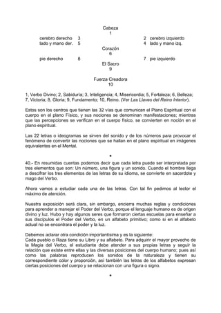 Cabeza
1
cerebro derecho 3 2 cerebro izquierdo
lado y mano der. 5 4 lado y mano izq.
Corazón
6
pie derecho 8 7 pie izquierdo
El Sacro
9
Fuerza Creadora
10
1, Verbo Divino; 2, Sabiduría; 3, Inteligencia; 4, Misericordia; 5, Fortaleza; 6, Belleza;
7, Victoria; 8, Gloria; 9, Fundamento; 10, Reino. (Ver Las Llaves del Reino Interior).
Estos son los centros que tienen las 32 vías que comunican el Plano Espiritual con el
cuerpo en el plano Físico, y sus nociones se denominan manifestaciones; mientras
que las percepciones se verifican en el cuerpo físico, se convierten en noción en el
plano espiritual.
Las 22 letras o ideogramas se sirven del sonido y de los números para provocar el
fenómeno de convertir las nociones que se hallan en el plano espiritual en imágenes
equivalentes en el Mental.
*
40.- En resumidas cuentas podemos decir que cada letra puede ser interpretada por
tres elementos que son: Un número, una figura y un sonido. Cuando el hombre llega
a descifrar los tres elementos de las letras de su idioma, se convierte en sacerdote y
mago del Verbo.
Ahora vamos a estudiar cada una de las letras. Con tal fin pedimos al lector el
máximo de atención.
Nuestra exposición será clara, sin embargo, encierra muchas reglas y condiciones
para aprender a manejar el Poder del Verbo, porque el lenguaje humano es de origen
divino y luz. Hubo y hay algunos seres que formaron ciertas escuelas para enseñar a
sus discípulos el Poder del Verbo, en un alfabeto primitivo; como si en el alfabeto
actual no se encontrara el poder y la luz.
Debemos aclarar otra condición importantísima y es la siguiente:
Cada pueblo o Raza tiene su Libro y su alfabeto. Para adquirir el mayor provecho de
la Magia del Verbo, el estudiante debe atender a sus propias letras y seguir la
relación que existe entre ellas y las diversas posiciones del cuerpo humano; pues así
como las palabras reproducen los sonidos de la naturaleza y tienen su
correspondiente color y proporción, así también las letras de los alfabetos expresan
ciertas posiciones del cuerpo y se relacionan con una figura o signo.
*
 