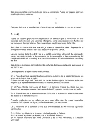 Este signo cura las enfermedades de cerca y a distancia. Puede ser trazado sobre un
objeto del mismo enfermo.
1
4 3
2 5
Después de trazar la estrella microcósmica hay que sellarla con la cruz en el centro.
O. U. (6)
Todas las vocales pronunciadas representan un esfuerzo por la insuflación. Si este
esfuerzo es hecho con una voluntad inteligente, sería una proyección de fluido o de
luz humana o de magnetismo. Este magnetismo es el instrumento de la vida.
Simboliza la causa operante que dirige nuestras determinaciones. Representa el
principio del verbo en cada ser. Está asociado al planeta Venus.
La nota musical de la O es DO y de la U es RE sostenido y MI bemol. Su color azul y
verde, asociado también a los procesos de la generación, a las emanaciones del
cuerpo astral del ser humano y a la ciencia cabalística. Es el conocimiento del bien y
del mal.
Esta letra es la imagen del misterio más profundo, la imagen del punto que separa al
ser del no ser.
La O representa el signo Tauro en el Zodíaco.
En el Plano Espiritual representa el conocimiento instintivo de la trascendencia de los
actos, de lo bueno y de lo malo.
El hombre o el Mago del Tarot está de pie en la encrucijada del camino entre dos
mujeres que representan la necesidad y la libertad; el vicio y la virtud.
En el Plano Mental representa el deber y el derecho. Inspira las ideas que nos
determinan a escoger en cada caso según la lección que nos corresponde aprender.
En el Plano Físico es la determinación de conducta; la abstención a las inclinaciones
del apetito o el disfrute del goce.
Promete privilegios en las relaciones amorosas, obtención de cosas materiales,
posesión de lo que se persigue y ardientes deseos que se cumplen.
La O repercute en el corazón y cura sus enfermedades. La O tiene los siguientes
significados.
En lo Divino: equilibrio de la Voluntad y la Inteligencia: la Belleza.
En lo Humano: equilibrio del Poder y de la Autoridad; El Amor.
En lo Natural: equilibrio del Alma Universal y de la Vida Universal; la Atracción
Universal.
 