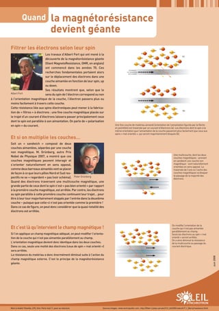 Quand                            la magnétorésistance
                                             devient géante
Filtrer les électrons selon leur spin
                            Les travaux d’Albert Fert qui ont mené à la
                                                                                                                                                              (a)
                            découverte de la magnétorésistance géante
                            (Giant MagnetoResistance, GMR, en anglais)
                            ont commencé dans les années 70. Ces
                                                                                                    Orientation
                            recherches fondamentales portaient alors                              de l'aimantation
                                                                                                   de la couche

                            sur le déplacement des électrons dans une
                            couche aimantée en fonction de leur spin, up
                            ou down.
                            Ses résultats montrent que, selon que le
Albert Fert                 sens du spin de l’électron correspond ou non
à l'orientation magnétique de la couche, l’électron passera plus ou
moins facilement à travers cette couche.
Cette résistance liée aux spins électroniques peut mener à la fabrica-
                                                                                                                                                              (b)
tion de « filtres » à électrons : une fine couche magnétique placée sur
le trajet d’un courant d’électrons laissera passer principalement ceux
dont le spin est parallèle à son aimantation. On parle de « polarisation
en spin » du courant.                                                                Une fine couche de matériau aimanté (orientation de l'aimantation figurée par la flèche
                                                                                     en pointillés) est traversée par un courant d'électrons (a). Les électrons dont le spin a la
                                                                                     même orientation que l'aimantation de la couche passeront plus facilement que ceux aux
                                                                                     spins « mal orientés », qui seront majoritairement bloqués (b).
Et si on multiplie les couches…
Soit un « sandwich » composé de deux
couches aimantées, séparées par une couche
non magnétique. M. Grünberg, autre Prix
                                                                                                                                                    Une multicouche, dont les deux
Nobel de Physique 2007, a montré que ces                                                                                                            couches magnétiques - prenant
couches magnétiques peuvent interagir et                                                                                                            en sandwich une couche non
s’orienter naturellement en sens opposé,                                                                                                            magnétique - sont naturellement
                                                                                                                                                    orientées en sens opposé. La
comme deux barreaux aimantés vont se placer                                                                                                         traversée de l’une ou l’autre des
de façon à ce que leurs pôles Nord et Sud res-                                                                                                      couches magnétiques va bloquer
                                                                                                                                                    le passage de la majorité des
pectifs ne se « regardent » pas (voir schéma). Peter Grünberg                                                                                       électrons.
Quand des électrons traversent une multicouche magnétique, une
grande partie de ceux dont le spin n’est « pas bien orienté » par rapport
à la première couche magnétique, est arrêtée. Par contre, les électrons
au spin parallèle à cette première couche continuent leur trajet… pour
être à leur tour majoritairement stoppés par l’entrée dans la deuxième
couche – puisque que celle-ci n’est pas orientée comme la première !
Dans ce cas de figure, on peut donc considérer que la quasi-totalité des
électrons est arrêtée.



                                                                                                                                                   On modifie l’orientation de la
Et c’est là qu’intervient le champ magnétique !                                                                                                    couche qui n’est pas aimantée
                                                                                                                                                   parallèlement au champ.
Si l’on applique un champ magnétique adéquat, on peut modifier l’orienta-                                                                          Seuls les électrons au spin « mal
tion de la couche qui n’est pas aimantée parallèlement au champ.                                                                                   orienté » seront arrêtés.
                                                                                                                                                   On a ainsi diminué la résistance
L’orientation magnétique devient donc identique dans les deux couches.                                                                             de la multicouche au passage du
Dans ce cas, seule une moitié des électrons (ceux de spin « mal orienté »)                                                                         courant électrique.
sera arrêtée.
La résistance du matériau a donc énormément diminué suite à l’action du
                                                                                                                                                                                             Juin 2008




champ magnétique externe. C’est le principe de la magnétorésistance
géante.




                                                                                                                                                                    SYNCHROTRON
Merci à André Thiaville, LPS, Univ. Paris-Sud 11, pour sa relecture.    Sources images : www.techrepublic.com ; http://ffden-2.phys.uaf.edu/212_fall2003.web.dir/T.J_Barry/resistance.html
 