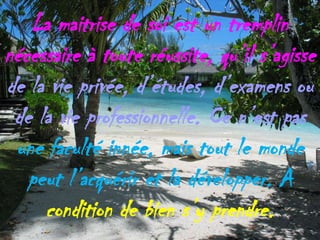 La maitrise de soi est un tremplin nécessaire à toute réussite, qu’il s’agisse de la vie privée, d’études, d’examens ou de la vie professionnelle. Ce n’est pas une faculté innée, mais tout le monde peut l’acquérir et la développer. A condition de bien s’y prendre. 