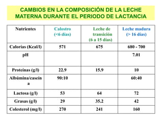 Nutrientes Calostro
(<6 días)
Leche de
transición
(6 a 15 días)
Leche madura
(> 16 días)
Calorías (Kcal/l) 571 675 680 - 700
pH 7.01
Proteínas (g/l) 22.9 15.9 10
Albúmina/caseín
a
90:10 60:40
Lactosa (g/l) 53 64 72
Grasas (g/l) 29 35.2 42
Colesterol (mg/l) 270 241 160
CAMBIOS EN LA COMPOSICIÓN DE LA LECHE
MATERNA DURANTE EL PERIODO DE LACTANCIA
 