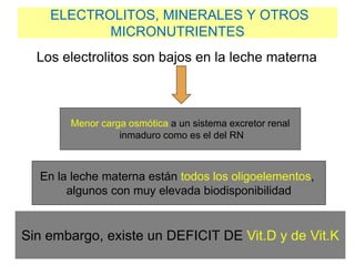 ELECTROLITOS, MINERALES Y OTROS
MICRONUTRIENTES
Los electrolitos son bajos en la leche materna
Menor carga osmótica a un sistema excretor renal
inmaduro como es el del RN
Sin embargo, existe un DEFICIT DE Vit.D y de Vit.K
En la leche materna están todos los oligoelementos,
algunos con muy elevada biodisponibilidad
 
