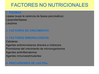 FACTORES NO NUTRICIONALES
1. ENZIMAS
Lipasa (supe la carencia de lipasa pancreática)
Lipoproteinlipasa
Lisozima
2. FACTORES DE CRECIMIENTO
3. FACTORES INMUNOLOGICOS
Celulares
Agentes antimicrobianos directos e indirectos
Promotores del crecimiento de microorganismos
Agentes antiinflamatorios
Agentes inmunoestimulantes
4. PRECURSORES DE LAS PGs.
 