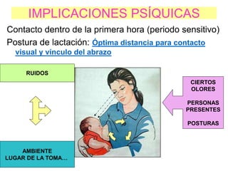 IMPLICACIONES PSÍQUICAS
Contacto dentro de la primera hora (periodo sensitivo)
Postura de lactación: Óptima distancia para contacto
visual y vínculo del abrazo
RUIDOS
CIERTOS
OLORES
PERSONAS
PRESENTES
POSTURAS
AMBIENTE
LUGAR DE LA TOMA…
 