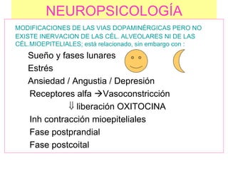 NEUROPSICOLOGÍA
MODIFICACIONES DE LAS VIAS DOPAMINÉRGICAS PERO NO
EXISTE INERVACION DE LAS CÉL. ALVEOLARES NI DE LAS
CÉL.MIOEPITELIALES; está relacionado, sin embargo con :
Sueño y fases lunares
Estrés
Ansiedad / Angustia / Depresión
Receptores alfa Vasoconstricción
 liberación OXITOCINA
Inh contracción mioepiteliales
Fase postprandial
Fase postcoital
 