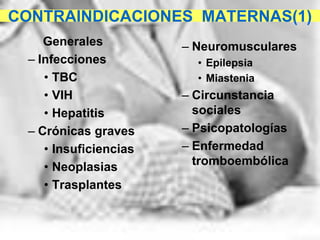 CONTRAINDICACIONES MATERNAS(1)
Generales
– Infecciones
• TBC
• VIH
• Hepatitis
– Crónicas graves
• Insuficiencias
• Neoplasias
• Trasplantes
– Neuromusculares
• Epilepsia
• Miastenia
– Circunstancia
sociales
– Psicopatologías
– Enfermedad
tromboembólica
 