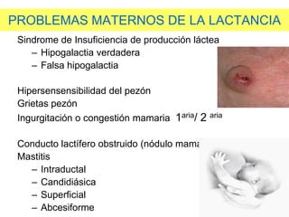 PROBLEMAS MATERNOS DE LA LACTANCIA
Sindrome de Insuficiencia de producción láctea
– Hipogalactia verdadera
– Falsa hipogalactia
Hipersensensibilidad del pezón
Grietas pezón
Ingurgitación o congestión mamaria 1aria/ 2 aria
Conducto lactífero obstruido (nódulo mamario doloroso)
Mastitis
– Intraductal
– Candidiásica
– Superficial
– Abcesiforme
 