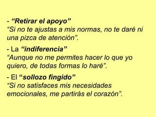 -  “Retirar el apoyo” “ Si no te ajustas a mis normas, no te daré ni una pizca de atención”. - La  “indiferencia” “ Aunque no me permites hacer lo que yo quiero, de todas formas lo haré”. - El  “ sollozo fingido”  “ Si no satisfaces mis necesidades e mocionales, me partirás el corazón”. 