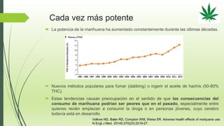 Cada vez más potente
 La potencia de la marihuana ha aumentado constantemente durante las últimas décadas.
 Nuevos métodos populares para fumar (dabbing) o ingerir el aceite de hachís (50-80%
THC).
 Estas tendencias causan preocupación en el sentido de que las consecuencias del
consumo de marihuana podrían ser peores que en el pasado, especialmente entre
quienes recién empiezan a consumir la droga o en personas jóvenes, cuyo cerebro
todavía está en desarrollo
Volkow ND, Baler RD, Compton WM, Weiss SR. Adverse health effects of marijuana use.
N Engl J Med. 20145;370(23):2219-27.
 