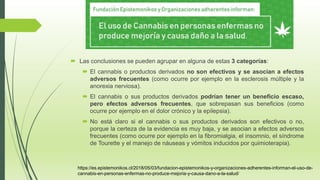  Las conclusiones se pueden agrupar en alguna de estas 3 categorías:
 El cannabis o productos derivados no son efectivos y se asocian a efectos
adversos frecuentes (como ocurre por ejemplo en la esclerosis múltiple y la
anorexia nerviosa).
 El cannabis o sus productos derivados podrían tener un beneficio escaso,
pero efectos adversos frecuentes, que sobrepasan sus beneficios (como
ocurre por ejemplo en el dolor crónico y la epilepsia).
 No está claro si el cannabis o sus productos derivados son efectivos o no,
porque la certeza de la evidencia es muy baja, y se asocian a efectos adversos
frecuentes (como ocurre por ejemplo en la fibromialgia, el insomnio, el síndrome
de Tourette y el manejo de náuseas y vómitos inducidos por quimioterapia).
https://es.epistemonikos.cl/2018/05/03/fundacion-epistemonikos-y-organizaciones-adherentes-informan-el-uso-de-
cannabis-en-personas-enfermas-no-produce-mejoria-y-causa-dano-a-la-salud/
 