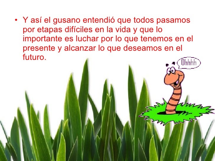 <ul><li>Y así el gusano entendió que todos pasamos por etapas difíciles en la vida y que lo importante es luchar por lo qu...