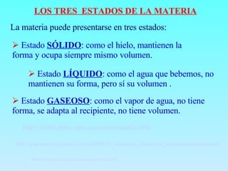 LOS TRES  ESTADOS DE LA MATERIA La materia puede presentarse en tres estados: Estado  SÓLIDO : como el hielo, mantienen la forma y ocupa siempre mismo volumen. Estado  LÍQUIDO : como el agua que bebemos, no mantienen su forma, pero sí su volumen . Estado  GASEOSO : como el vapor de agua, no tiene forma, se adapta al recipiente, no tiene volumen. http://roble.pntic.mec.es/csoto/estadfis.htm http://concurso.cnice.mec.es/cnice2005/93_iniciacion_interactiva_materia/curso/materiales/estados/estados1.htm http://newton.cnice.mecd.es/1eso/materia/cambios1.html   