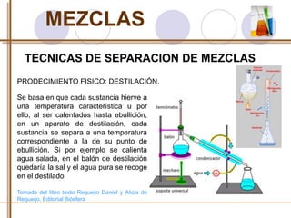 MEZCLAS 
TECNICAS DE SEPARACION DE MEZCLAS 
PRODECIMIENTO FISICO: DESTILACIÓN. 
Se basa en que cada sustancia hierve a 
una temperatura característica u por 
ello, al ser calentados hasta ebullición, 
en un aparato de destilación, cada 
sustancia se separa a una temperatura 
correspondiente a la de su punto de 
ebullición. Si por ejemplo se calienta 
agua salada, en el balón de destilación 
quedaría la sal y el agua pura se recoge 
en el destilado. 
Tomado del libro texto Requeijo Daniel y Alicia de 
Requeijo. Editorial Biósfera 
 