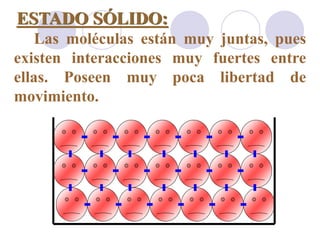 ESTADO SÓLIDO: 
Las moléculas están muy juntas, pues 
existen interacciones muy fuertes entre 
ellas. Poseen muy poca libertad de 
movimiento. 
 