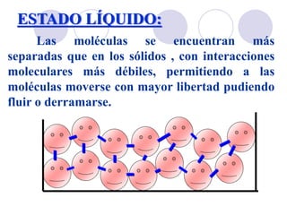 ESTADO LÍQUIDO: 
Las moléculas se encuentran más 
separadas que en los sólidos , con interacciones 
moleculares más débiles, permitiendo a las 
moléculas moverse con mayor libertad pudiendo 
fluir o derramarse. 
 