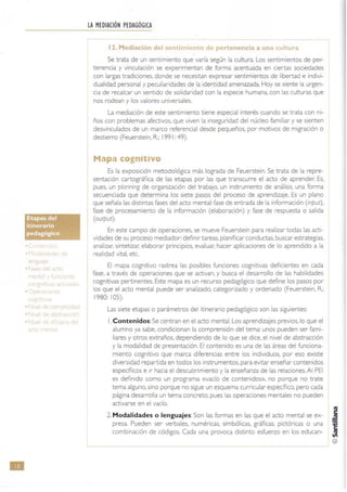 •
Etapas del
itinerario
pedagógico
n J
;se 1el
lB
10
on
e je
de
LA MEDIACIÓN PEDAGÓGICA
12. Mediación del sentimiento de pertenencia a una cultura
Se trata de un sentimiento que varía según la cultura. Los sentimientos de per-
tenencia y vinculación se experimentan de forma acentuada en ciertas sociedades
con largas tradiciones, donde se necesitan expresar sentimientos de libertad e indivi-
dualidad personal y peculiaridades de la identidad amenazada. Hoy se sient e la urgen-
cia de recalcar un sentido de solidaridad con la especie humana, con las culturas que
nos rodean y los valores universales.
La mediación de este sentimiento tiene especial interés cuando se trata con ni-
ños con problemas afectivos. que viven la inseguridad del núcleo familiar y se sienten
desvinculados de un marco referencial desde pequeños, por motivos de migración o
destierro (Feuerstein, R: 199 1:49).
Mapa cognitivo
Es la exposidón metodológica más lograda de Feuerstein. Se trata de la repre-
sentación cartográfica de las etapas por las que transcurre el acto de aprender: Es,
pues, un planning de organización del trabajo, un instrumento de análisis, una forma
secuenciada que determina los siete pasos del proceso de aprendizaje. Es un plano
que señala las distintas fases del acto mental: fase de entrada de la información (input),
fase de procesamiento de la información (elaboración) y fase de respuesta o salida
(ou'pu').
En este campo de operaciones, se mueve Feuerstein para realizar todas las acti-
vidades de su proceso mediador: definir tareas, planificar conductas, buscar estrategias,
analizar. sintetizar. elaborar principios, evaluar: hacer aplicaciones de lo aprendido a la
realidad vital, etc.
El mapa cognitivo rastrea las posibles funciones cognitivas deficientes en cada
fase, a través de operaciones que se activan, y busca el desarrollo de las habilidades
cognitivas pertinentes. Este mapa es un recurso pedagógico que define los pasos por
los que el acto mental puede ser analizado, categorizado y ordenado (Feuerstein, R:
1980: 105).
Las siete etapas o parámetros del itinerario pedagógico son las siguientes:
.Contenidos:Se centran en el acto mental. Los aprendizajes previos, lo que el
alumno ya sabe, condicionan la comprensión del tema: unos pueden ser fami-
liares y otros extraños, dependiendo de lo que se dice, el nivel de abstracción
y la modalidad de presentación. El contenido es una de las áreas del funciona-
miento cognitivo que marca diferencias entre los individuos. por eso existe
diversidad repartida en todos los instrumentos, para evitar enseñar contenidos
específicos e ir hacia el descubrimiento y la enseñanza de las relaciones. Al PEI
es definido como un programa «vacío de contenidos», no porque no trate
tema alguno, sino porque no sigue un esquema curricular específico, pero cada
página desarrolla un tema concreto, pues las operaciones mentales no pueden
activarse en el vacío.
2. Modalidades o lenguajes:Son las formas en las que el acto mental se ex-
presa. Pueden ser verbales, numéricas, simbólicas, gráficas, pictóricas o una
combinación de códigos. Cada una provoca distinto esfuerzo en los educan-
 