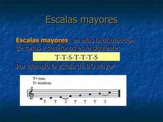 Escalas mayores Escalas mayores : en ellas la distribución de tonos y semitonos es la siguiente: Por ejemplo la escala de DO Mayor T-T-S-T-T-T-S 