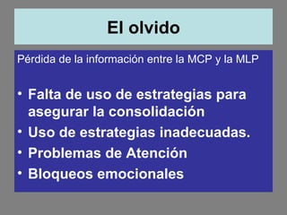 El olvido Pérdida de la información entre la MCP y la MLP Falta de uso de estrategias para asegurar la consolidación Uso de estrategias inadecuadas. Problemas de Atención Bloqueos emocionales 