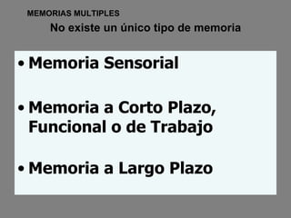 No existe un único tipo de memoria Memoria Sensorial   Memoria a Corto Plazo, Funcional o de Trabajo Memoria a Largo Plazo   MEMORIAS MULTIPLES 