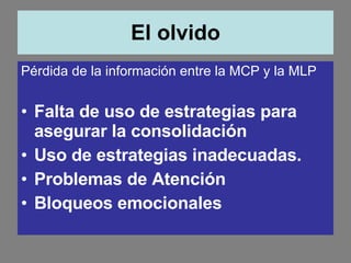 El olvido Pérdida de la información entre la MCP y la MLP Falta de uso de estrategias para asegurar la consolidación Uso de estrategias inadecuadas. Problemas de Atención Bloqueos emocionales 