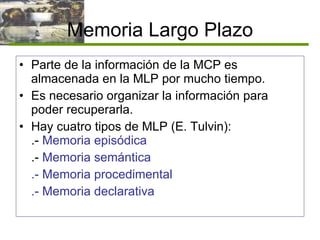Memoria Largo Plazo Parte de la información de la MCP es almacenada en la MLP por mucho tiempo. Es necesario organizar la información para poder recuperarla. Hay cuatro tipos de MLP (E. Tulvin): .-  Memoria episódica .-  Memoria semántica .- Memoria procedimental .- Memoria declarativa 