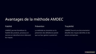 Avantages de la méthode AMDEC
Fiabilité
L'AMDEC permet d'améliorer la
fiabilité des produits, processus et
services en identifiant et en réduisant
les risques.
Prévention
La méthode se concentre sur la
prévention des défaillances plutôt
que sur leur gestion a posteriori.
Traçabilité
L'AMDEC fournit une documentation
détaillée des risques identifiés et des
actions entreprises.
 