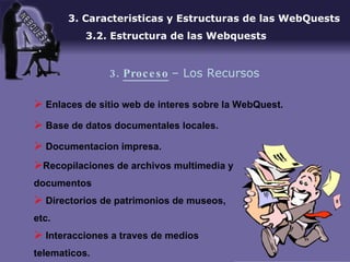 Enlaces de sitio web de interes sobre la WebQuest. Base de datos documentales locales. Documentacion impresa. 3. Caracteristicas y Estructuras de las WebQuests 3.2. Estructura de las Webquests 3.  Proceso   – Los Recursos Recopilaciones de archivos multimedia y documentos Directorios de patrimonios de museos, etc. Interacciones a traves de medios telematicos. 