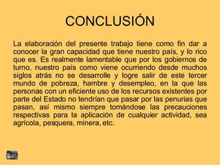 CONCLUSIÓN La elaboración del presente trabajo tiene como fin dar a conocer la gran capacidad que tiene nuestro país, y lo rico que es. Es realmente lamentable que por los gobiernos de turno, nuestro país como viene ocurriendo desde muchos siglos atrás no se desarrolle y logre salir de este tercer mundo de pobreza, hambre y desempleo, en la que las personas con un eficiente uso de los recursos existentes por parte del Estado no tendrían que pasar por las penurias que pasan, así mismo siempre tomándose las precauciones respectivas para la aplicación de cualquier actividad, sea agrícola, pesquera, minera, etc. 