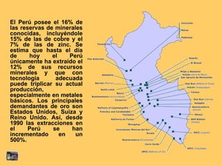 El Perú posee el 16% de las reservas de minerales conocidas, incluyéndole 15% de las de cobre y el 7% de las de zinc. Se estima que hasta el día de hoy el Perú únicamente ha extraído el 12% de sus recursos minerales y que con tecnología adecuada puede triplicar su actual producción, especialmente en metales básicos. Los principales demandantes de oro son Estados Unidos, Suiza y Reino Unido. Así, desde 1990 las extracciones en el Perú se han incrementado en un 500%. 