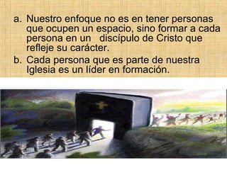 Nuestro enfoque no es en tener personas que ocupen un espacio, sino formar a cada persona en un  discípulo de Cristo que  refleje su carácter.  Cada persona que es parte de nuestra Iglesia es un líder en formación.  