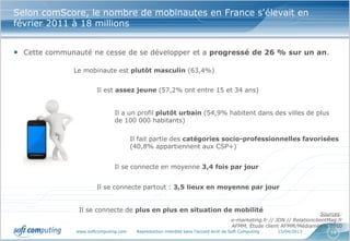 Selon comScore, le nombre de mobinautes en France s'élevait en
février 2011 à 18 millions


• Cette communauté ne cesse de se développer et a progressé de 26 % sur un an.

              Le mobinaute est plutôt masculin (63,4%)


                       Il est assez jeune (57,2% ont entre 15 et 34 ans)


                              Il a un profil plutôt urbain (54,9% habitent dans des villes de plus
                              de 100 000 habitants)

                                       Il fait partie des catégories socio-professionnelles favorisées
                                       (40,8% appartiennent aux CSP+)


                              Il se connecte en moyenne 3,4 fois par jour


                       Il se connecte partout : 3,5 lieux en moyenne par jour


                Il se connecte de plus en plus en situation de mobilité
                                                                                                                            Sources:
                                                                                       e-marketing.fr // JDN // RelationclientMag.fr
                                                                                       AFMM, Étude client AFMM/Médiamétrie 2010
               www.softcomputing.com     Reproduction interdite sans l’accord écrit de Soft Computing    15/04/2013            14
 